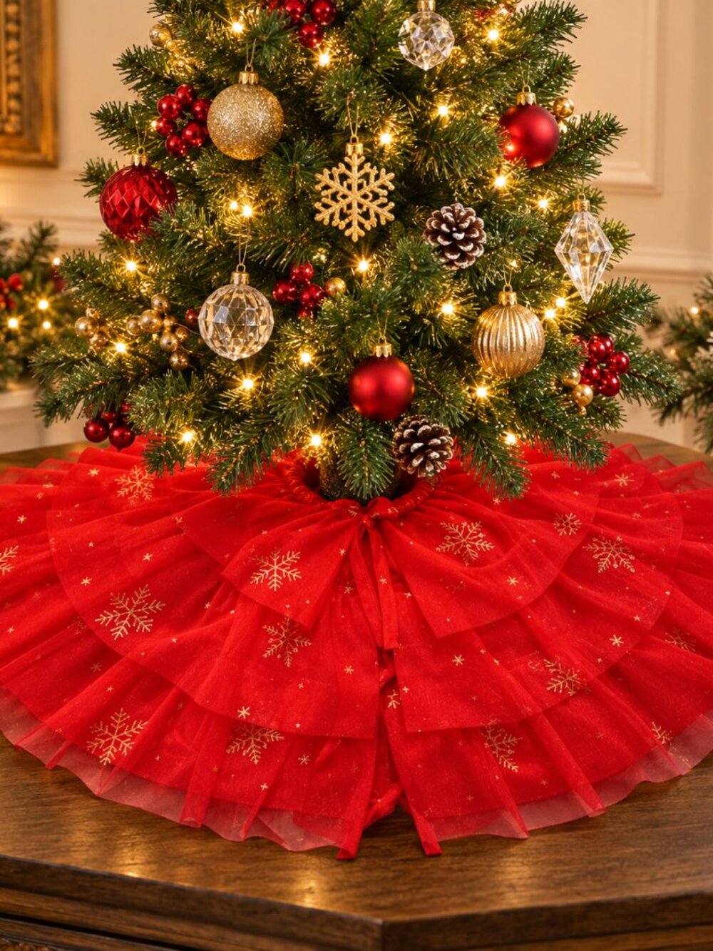Tahari Mini Christmas Tree Skirt Tabletop TuTu Red Gold Snowflakes 24” Round